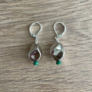 HAND CRAFTED EARRINGS Silvertone Nuggets Turquoise Rondelles